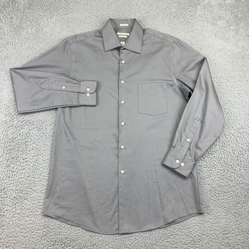 Van Heusen Shirt Mens‎ 15.5 Gray Button-Up Long Sleeve Regular Fit Lux Sateen